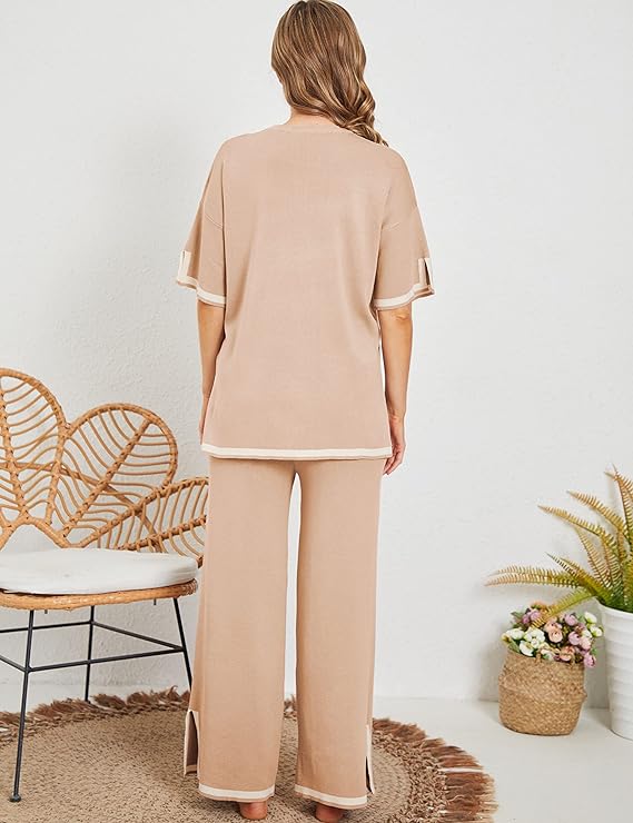 Effortless Wide Bottom Short Sleeve Cozy Knit Lounge Set