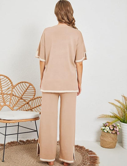 Effortless Wide Bottom Short Sleeve Cozy Knit Lounge Set