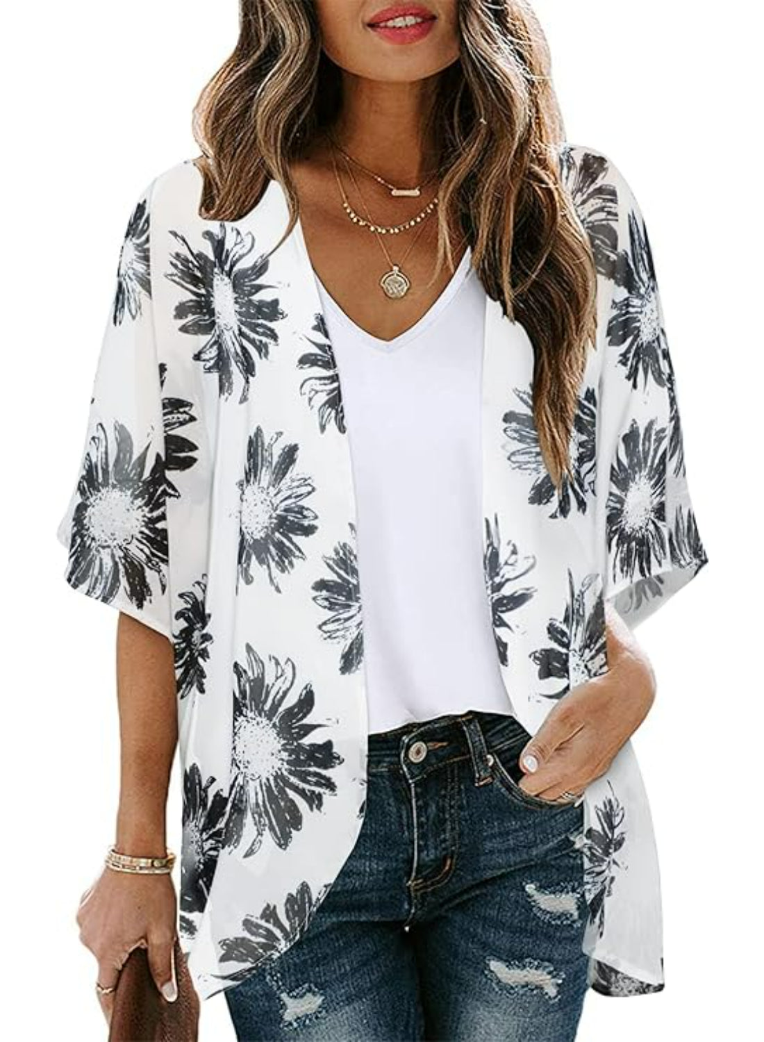 Floral Sheer Kimono Cardigan With Sheer Lightweight Fabric