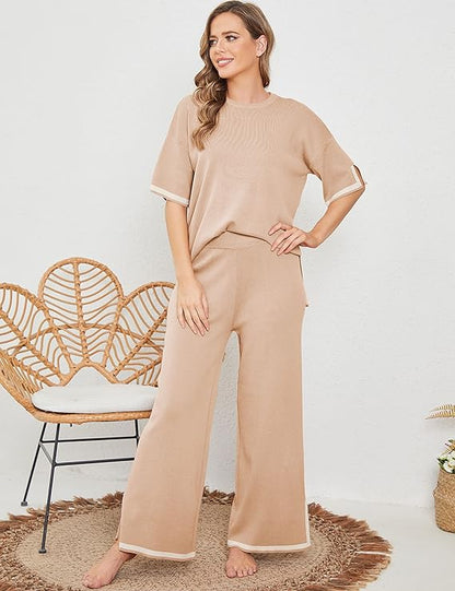 Effortless Wide Bottom Short Sleeve Cozy Knit Lounge Set