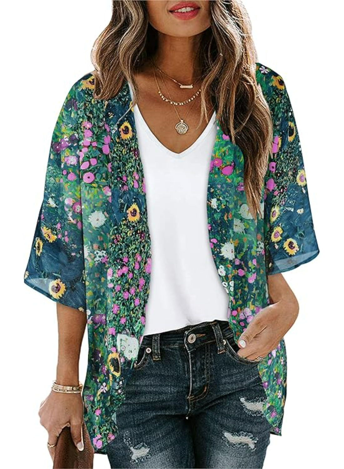 Floral Sheer Kimono Cardigan With Sheer Lightweight Fabric