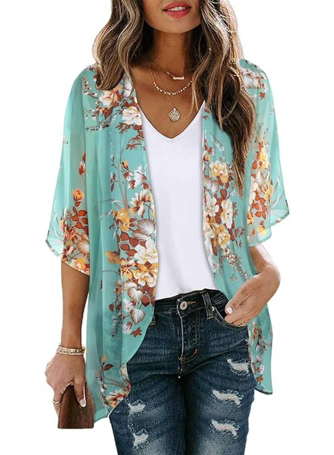 Floral Sheer Kimono Cardigan With Sheer Lightweight Fabric