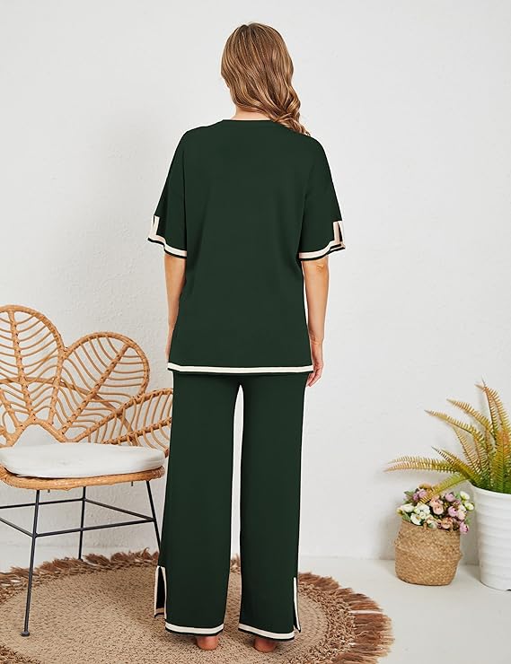 Effortless Wide Bottom Short Sleeve Cozy Knit Lounge Set