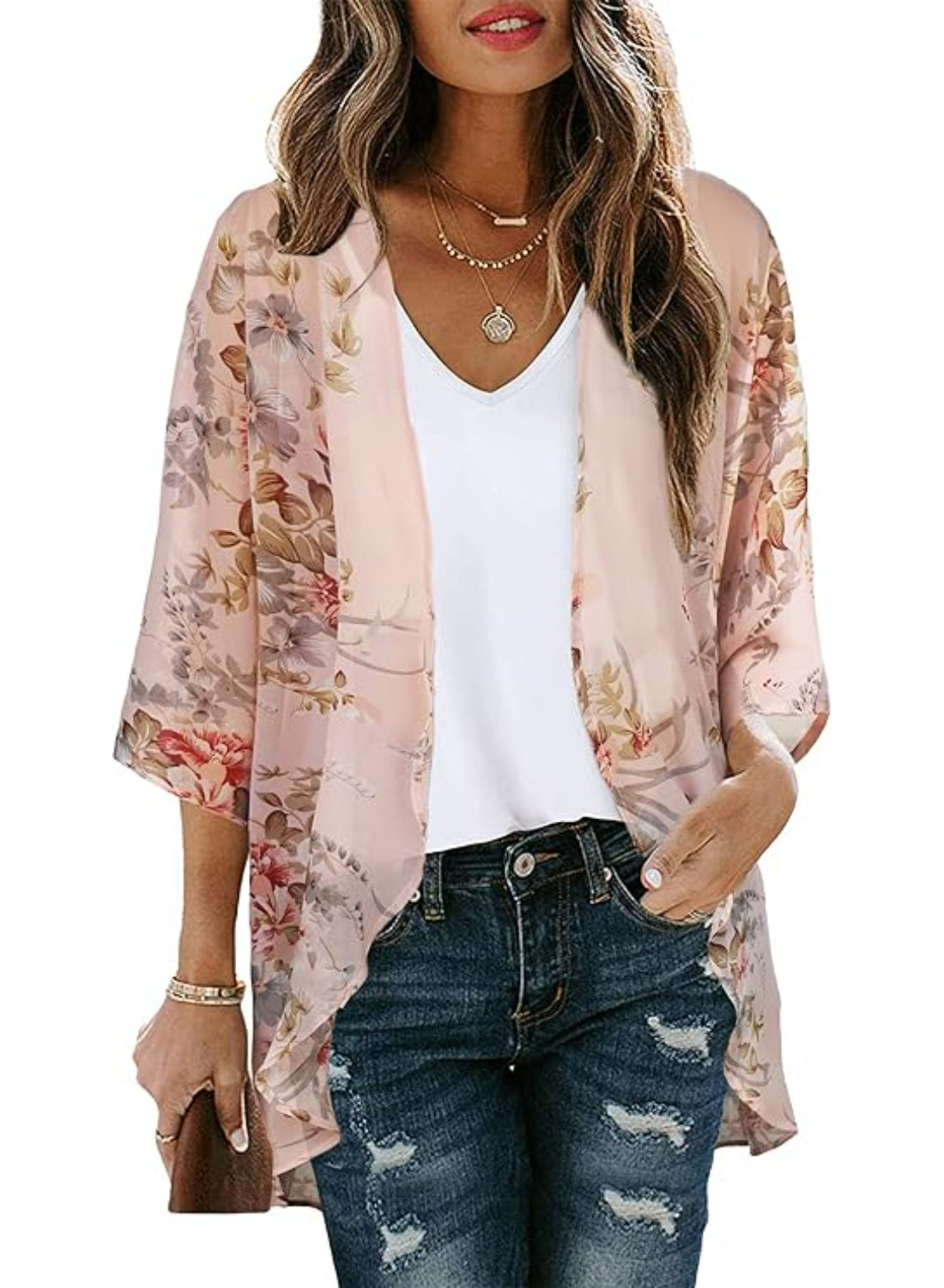 Floral Sheer Kimono Cardigan With Sheer Lightweight Fabric