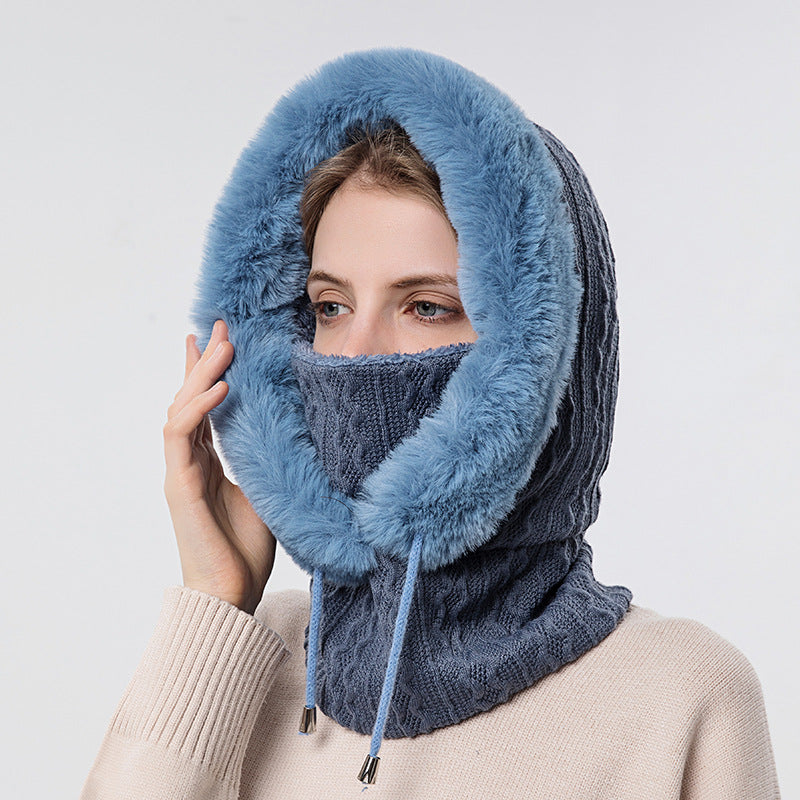 Thick Plush Knit Hooded Hat With Scarf