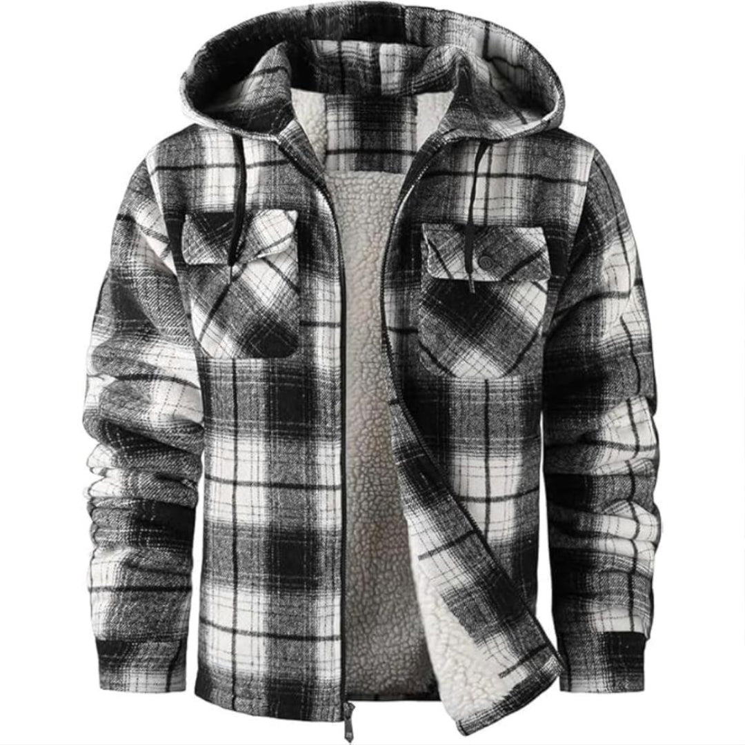Sherpa Lined Plaid Flannel Zip Up Hoodie Jacket