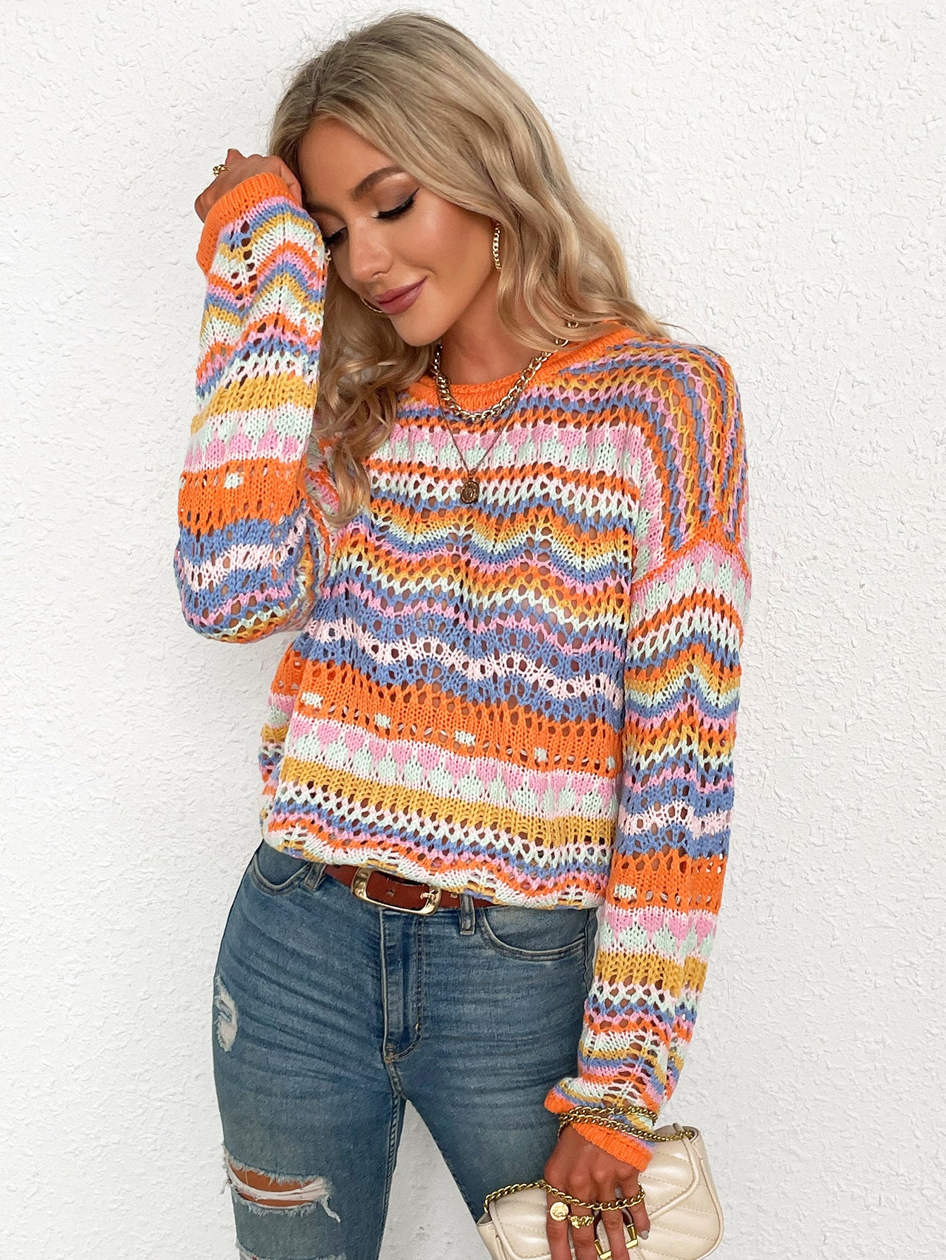 Fashionable Rainbow Striped Hollow Out Knit Sweater