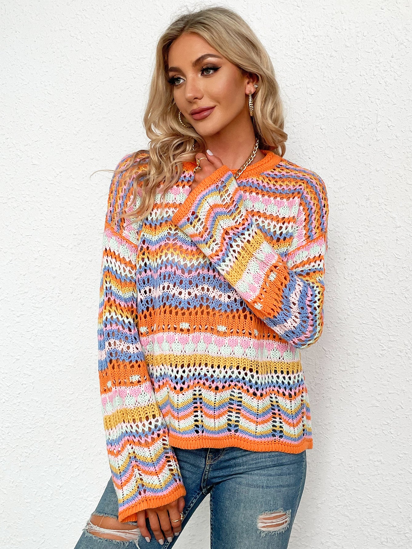 Fashionable Rainbow Striped Hollow Out Knit Sweater