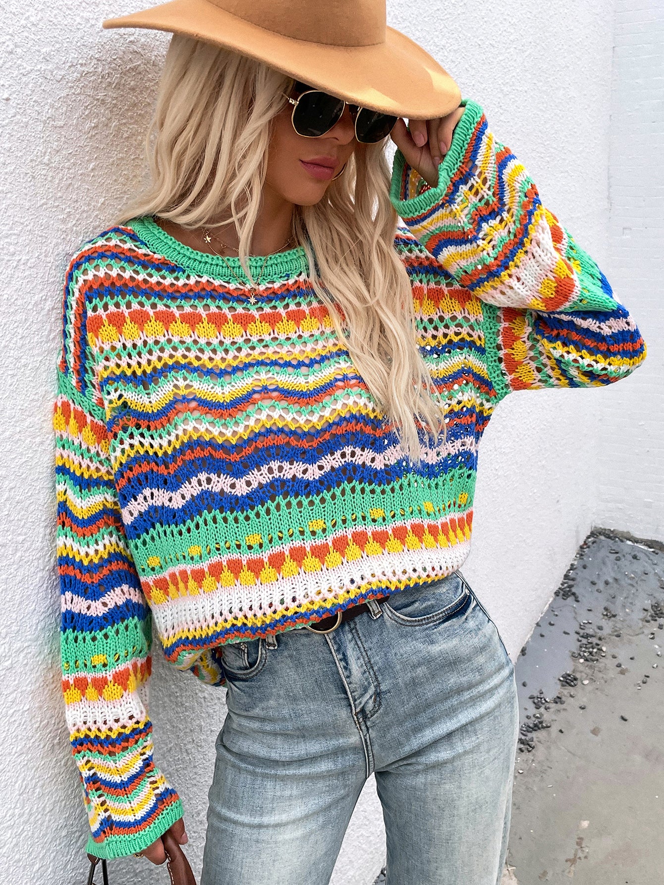 Fashionable Rainbow Striped Hollow Out Knit Sweater