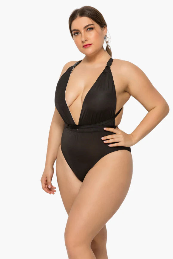 Backless Tie Down One Piece Plus Size Swimsuit