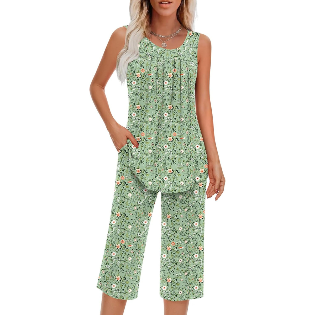 Two Piece Sleeveless Pajama Set With Tank Top And Pants With Pocket For Women