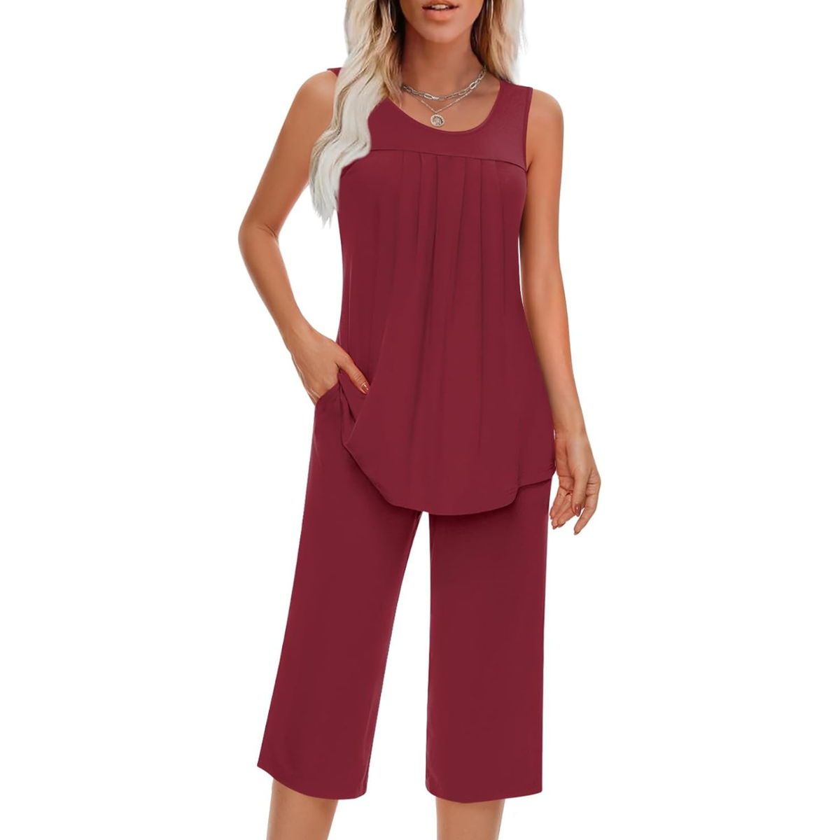 Two Piece Sleeveless Pajama Set With Tank Top And Pants With Pocket For Women