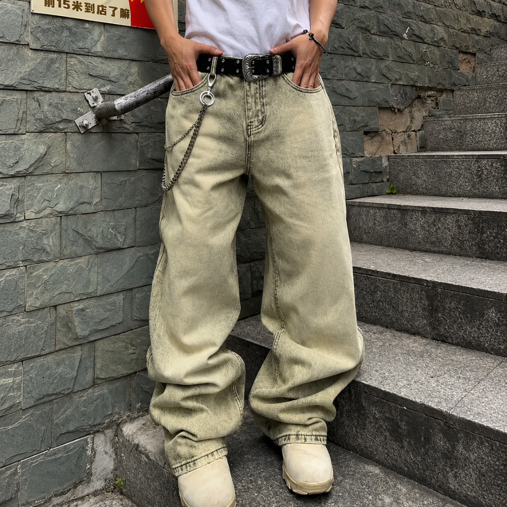 Wide Fit Vintage Design Baggy Pants With Pockets For Men