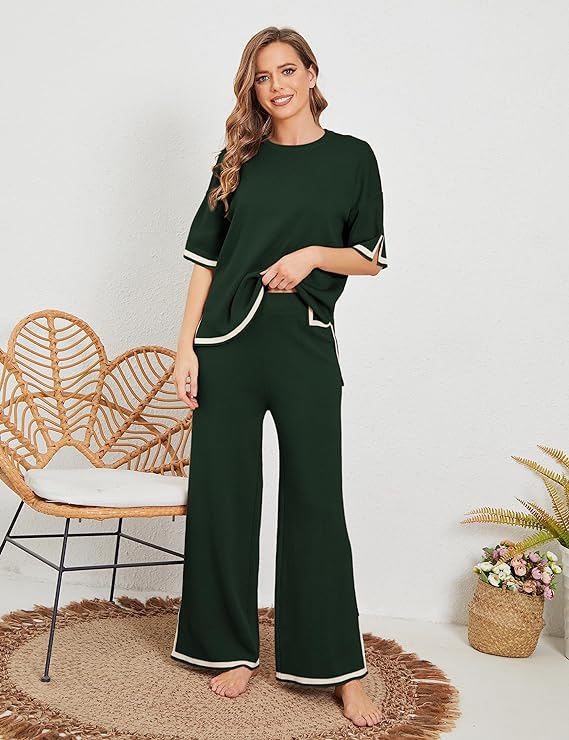 Effortless Wide Bottom Short Sleeve Cozy Knit Lounge Set