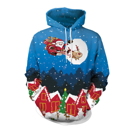 Bedruckter 3D-Kapuzenpullover mit Weihnachtsmann am Himmel