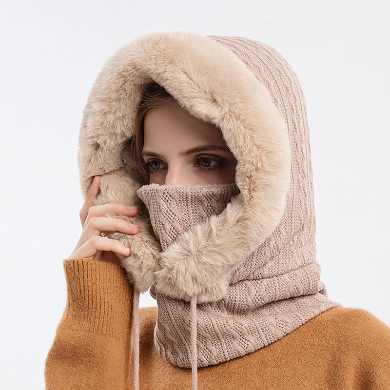 Thick Plush Knit Hooded Hat With Scarf