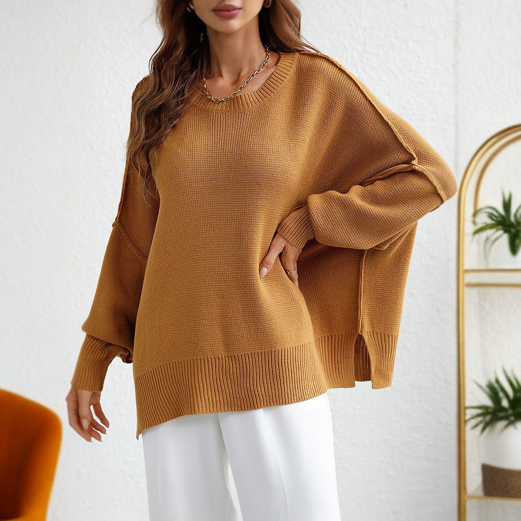 Winter Long Sleeve Knitted Loose Split Pullover Sweater