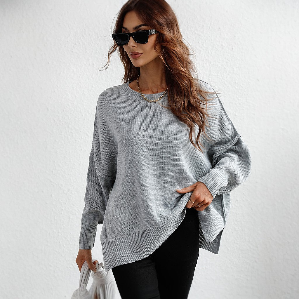 Winter Long Sleeve Knitted Loose Split Pullover Sweater