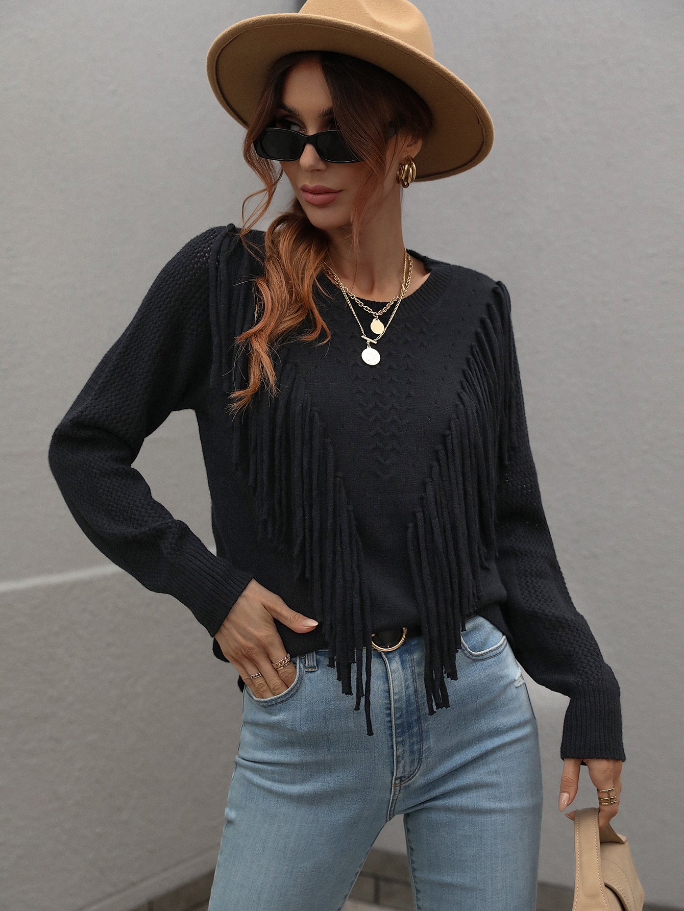 Fashionable Tassel Fringe Knit Pullover Sweater