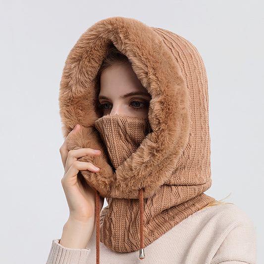 Thick Plush Knit Hooded Hat With Scarf