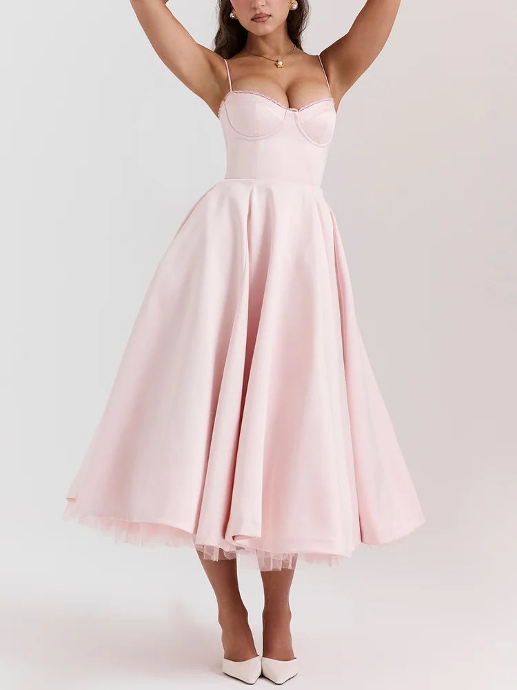 Sweetheart Neckline Cinched Waist A Line Midi Dress