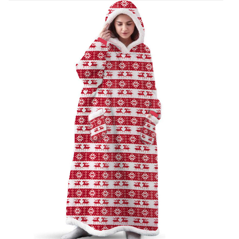 Festive Long Christmas Elk Printed Hooded Blanket