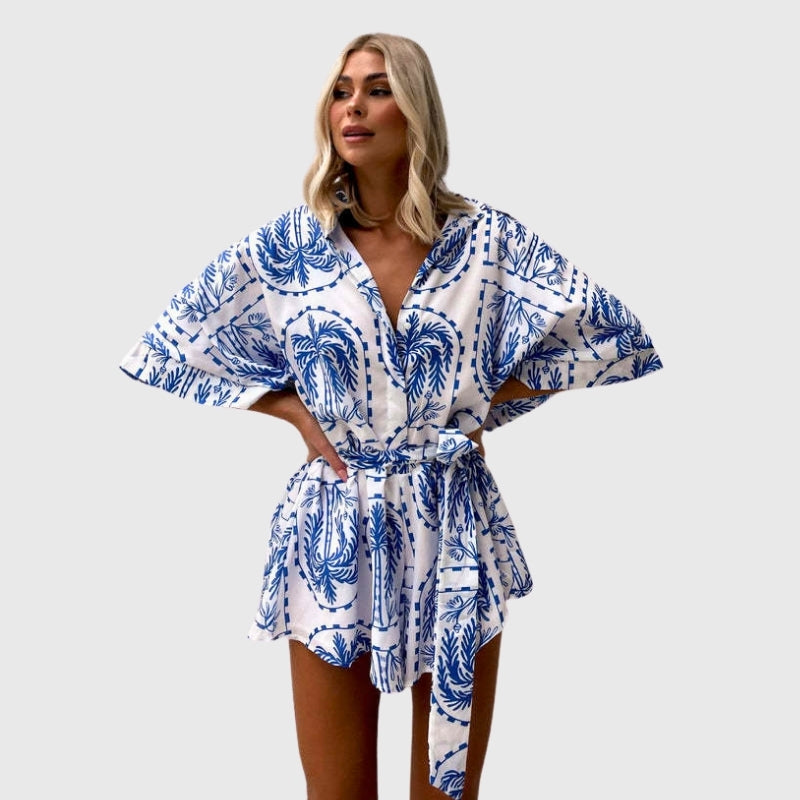 Boho Graphic Lace Up Belted Romper