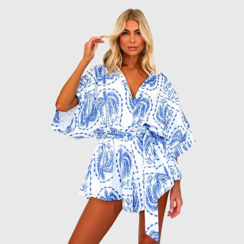 Boho Graphic Lace Up Belted Romper