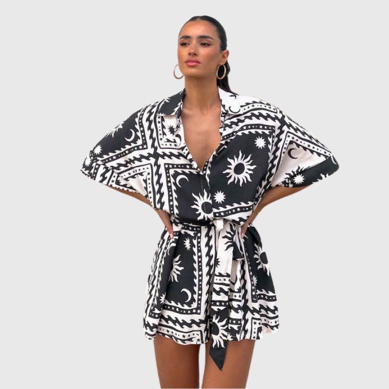 Boho Graphic Lace Up Belted Romper