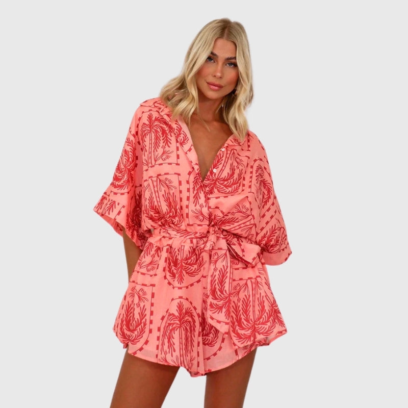 Boho Graphic Lace Up Belted Romper