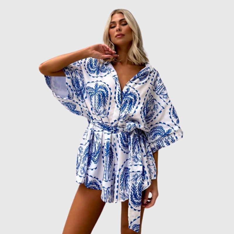 Boho Graphic Lace Up Belted Romper