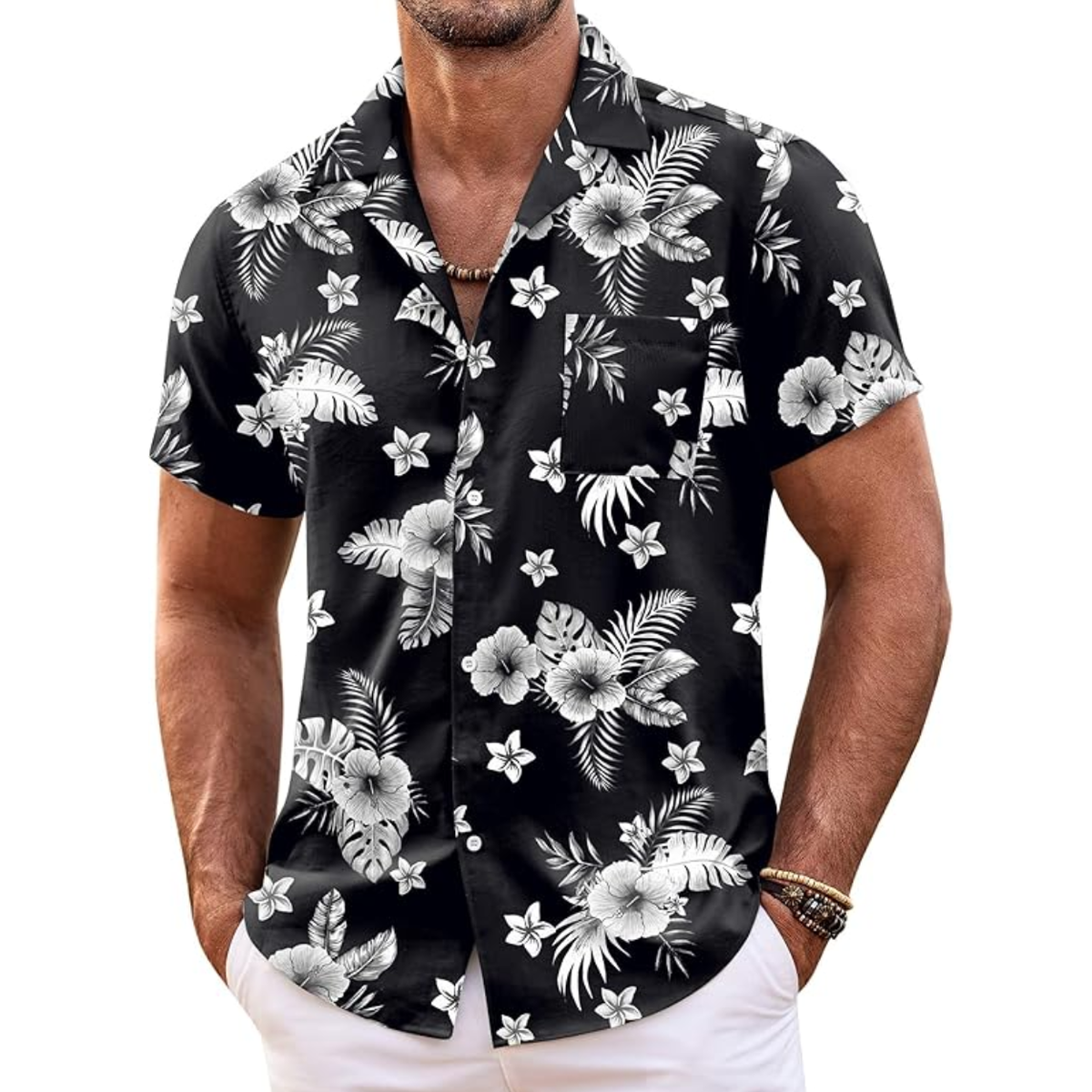 Hawaiian Shirt With Tropical Print And Short Sleeves For Men