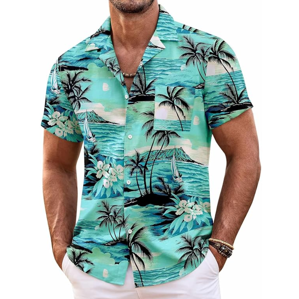 Hawaiian Shirt With Tropical Print And Short Sleeves For Men