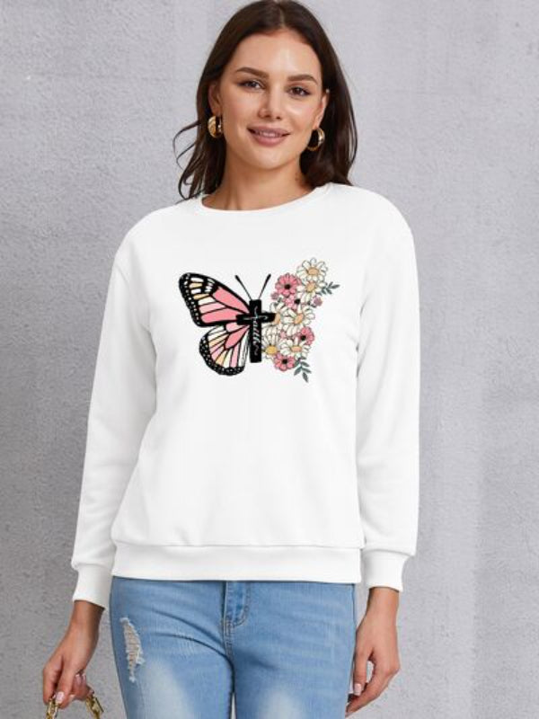 Sweat-shirt imprimé fleurs et croix papillon