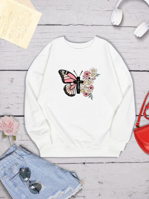 Sweat-shirt imprimé fleurs et croix papillon