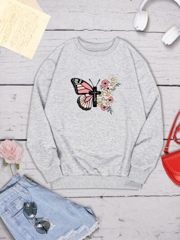 Sweat-shirt imprimé fleurs et croix papillon