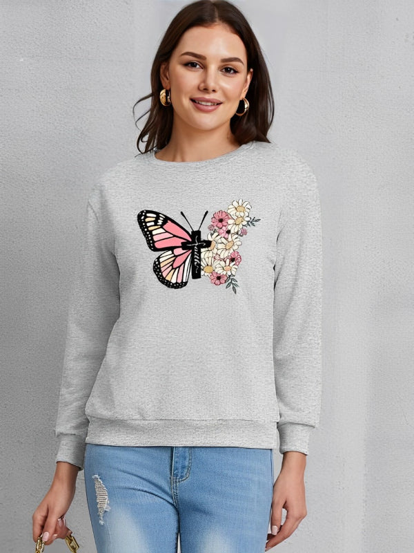 Sweat-shirt imprimé fleurs et croix papillon