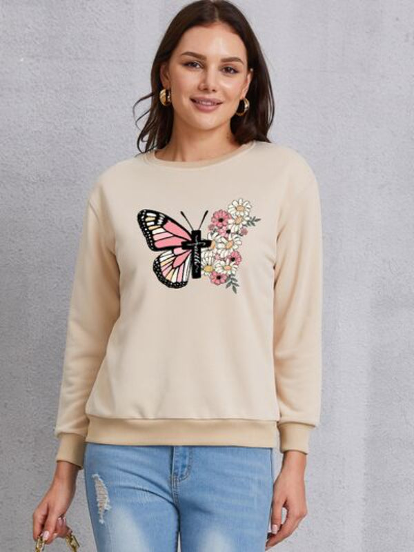 Sweat-shirt imprimé fleurs et croix papillon