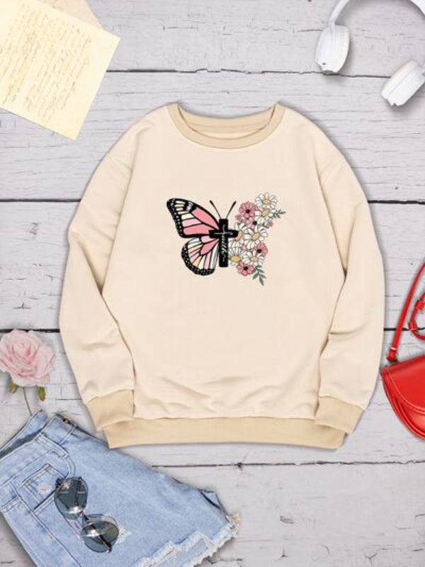 Sweat-shirt imprimé fleurs et croix papillon