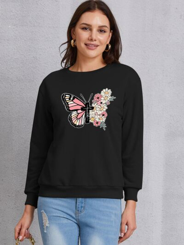 Sweat-shirt imprimé fleurs et croix papillon