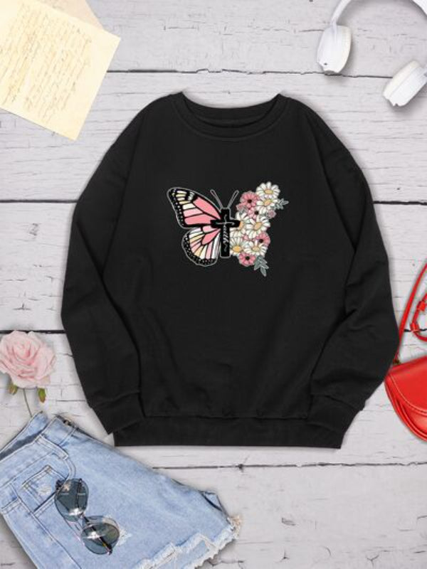 Sweat-shirt imprimé fleurs et croix papillon