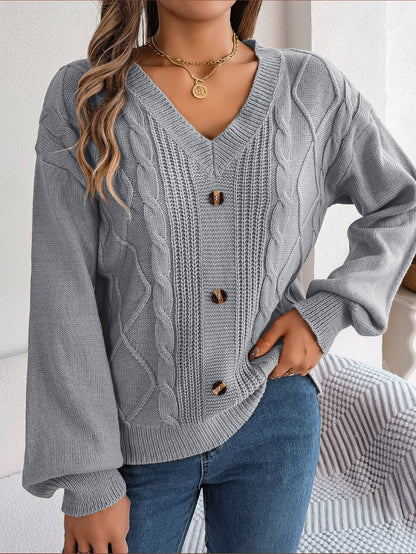 Button Twist Knit Lantern Sleeve Pullover Sweater