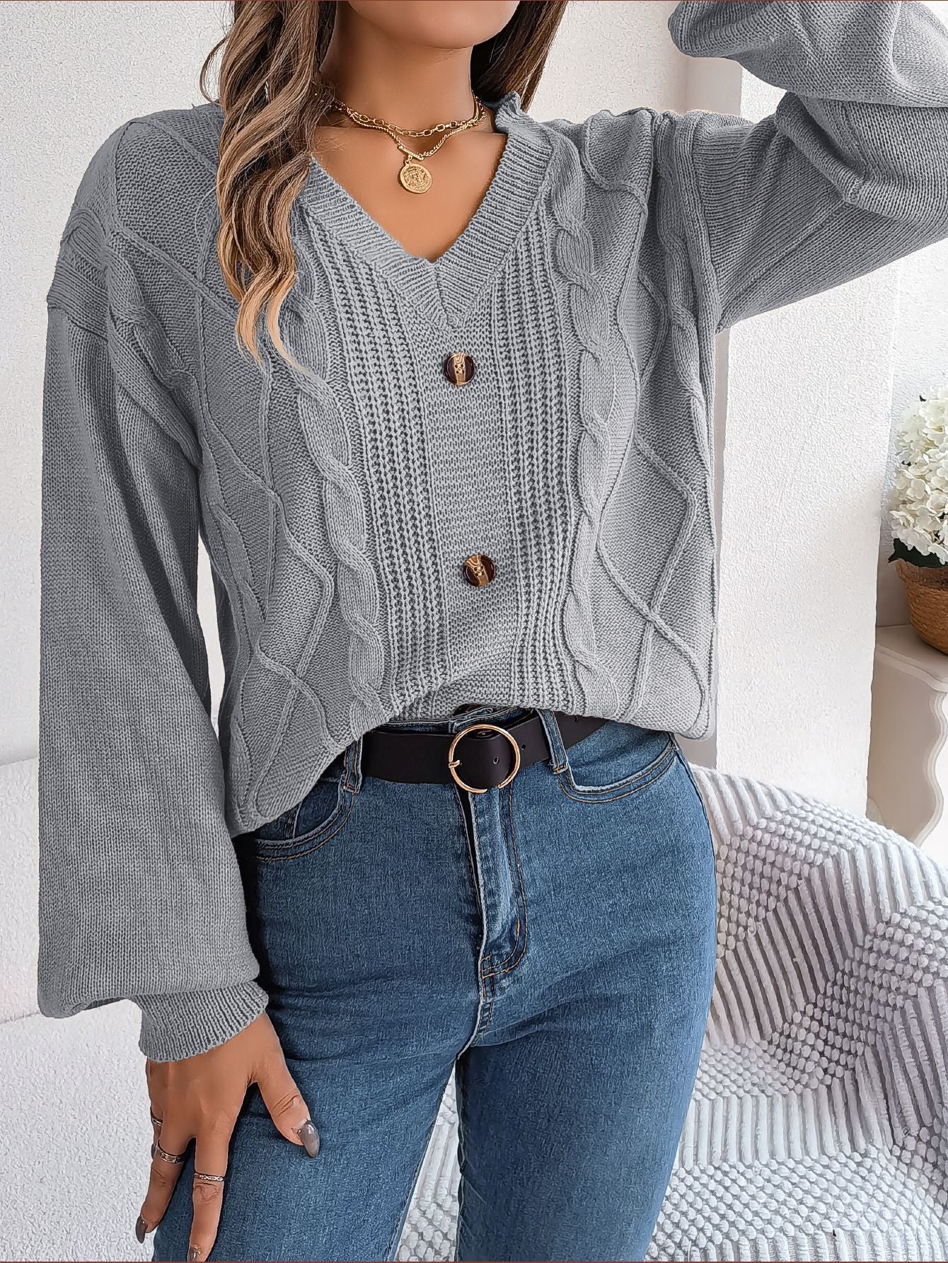 Button Twist Knit Lantern Sleeve Pullover Sweater