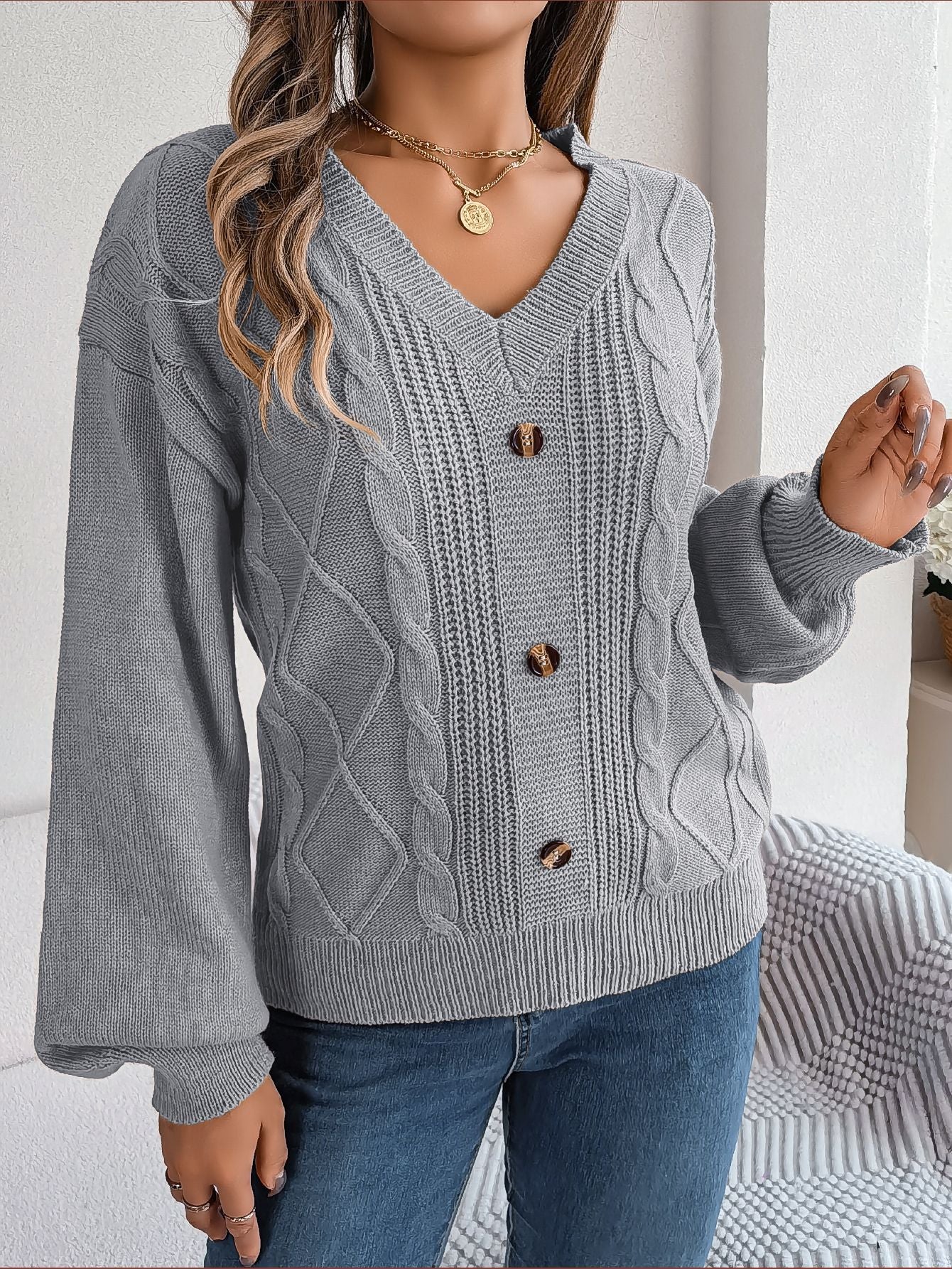 Button Twist Knit Lantern Sleeve Pullover Sweater