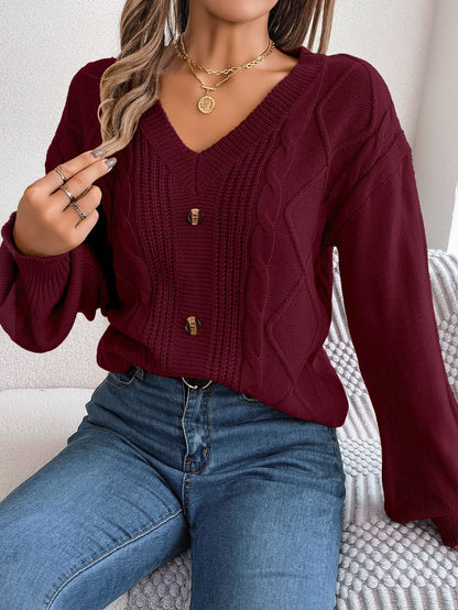 Button Twist Knit Lantern Sleeve Pullover Sweater