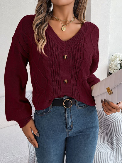 Button Twist Knit Lantern Sleeve Pullover Sweater