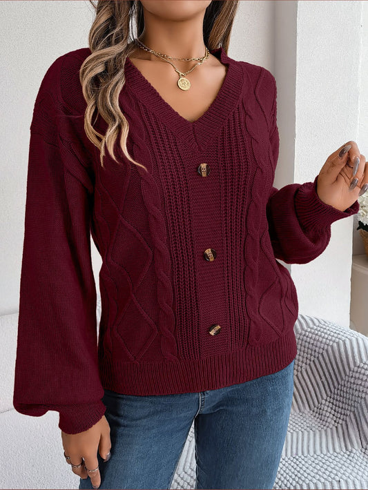 Button Twist Knit Lantern Sleeve Pullover Sweater