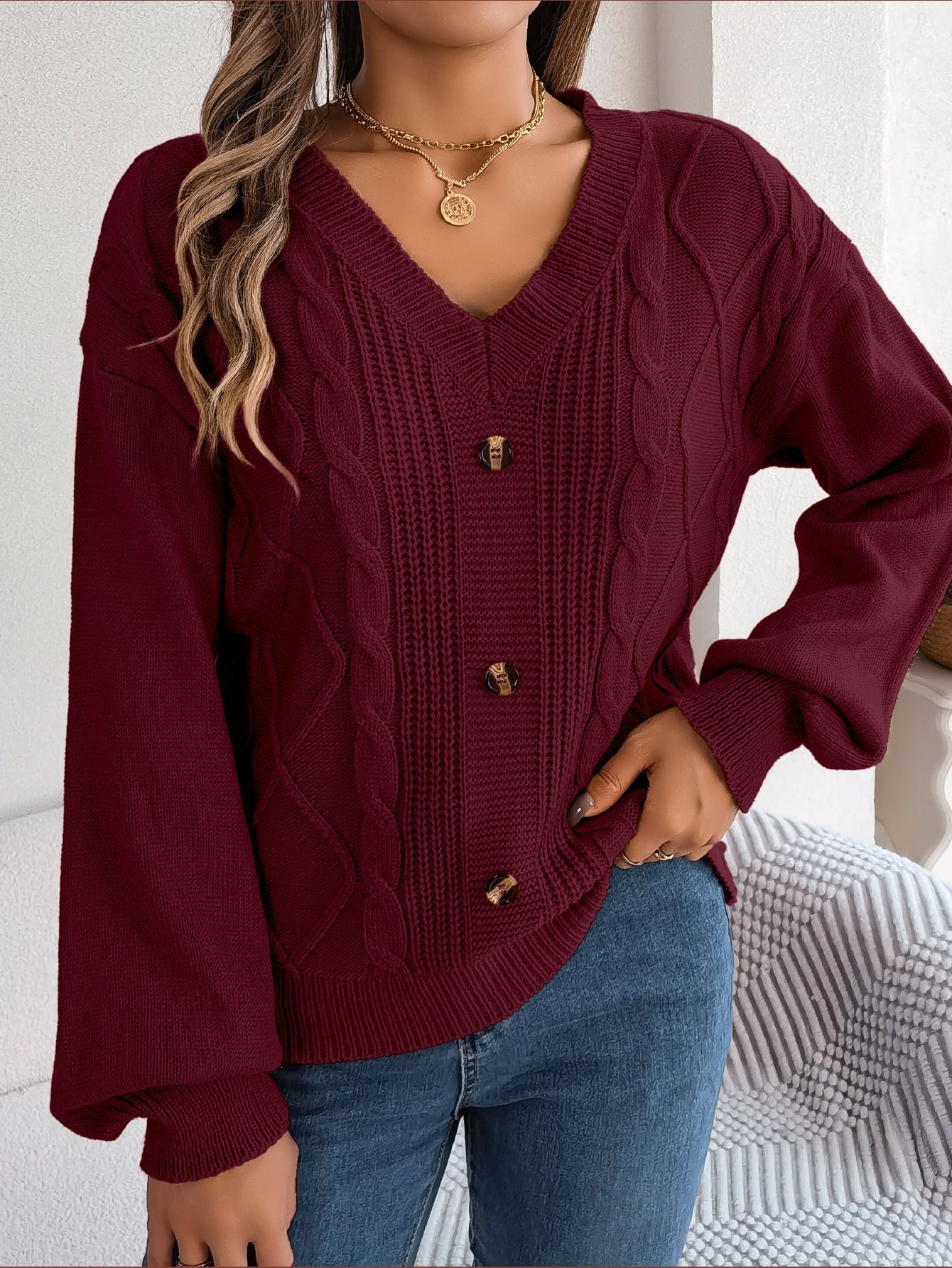 Button Twist Knit Lantern Sleeve Pullover Sweater