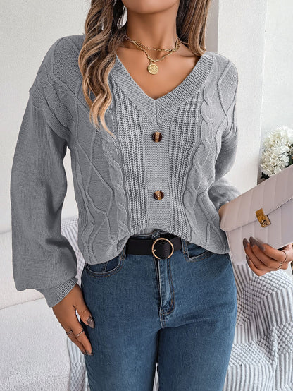 Button Twist Knit Lantern Sleeve Pullover Sweater