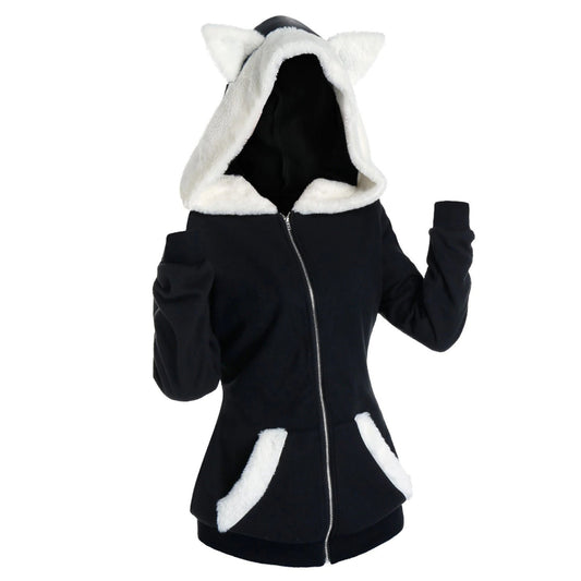 Casual Cat Pattern Plush Zipper Sweater Hoodie